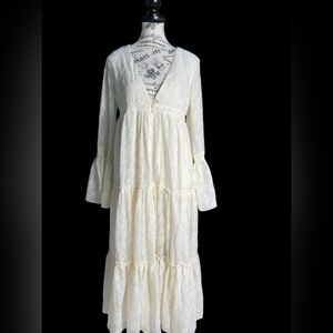Franco NWT M Ivory Cottagecore Prairie Tiered Midi Dress Lace Trim Button Front